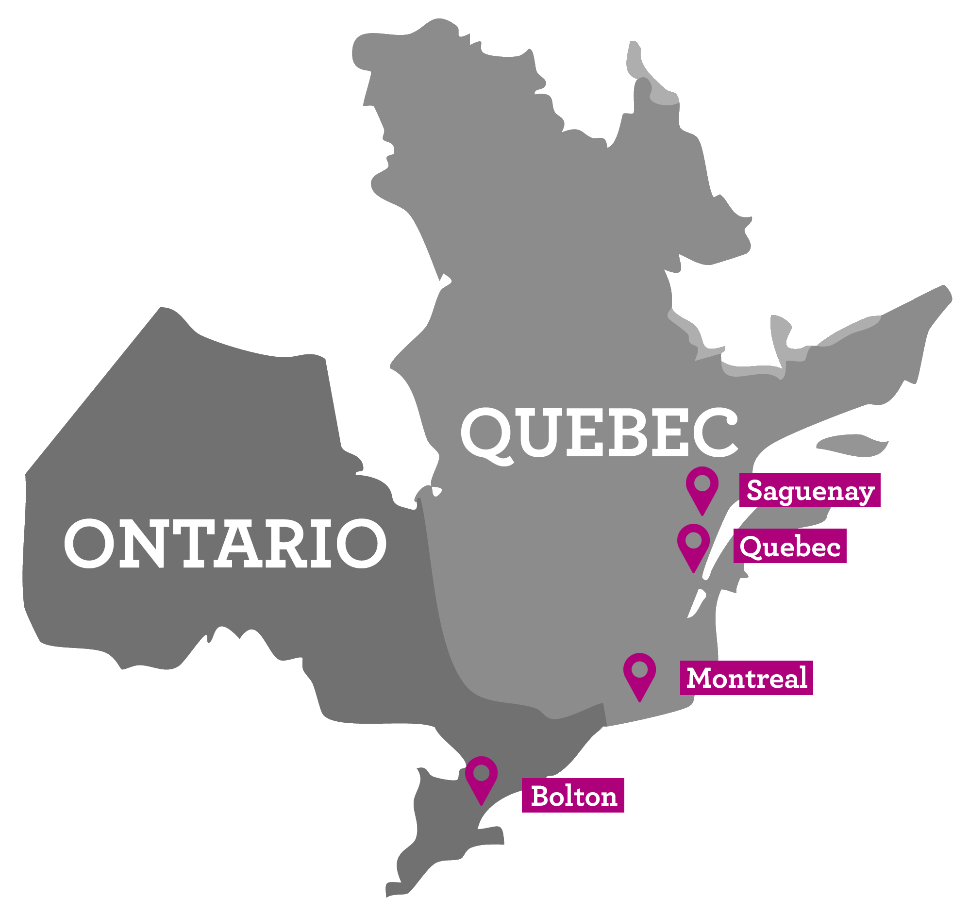 Carte présentant les emplacements de l’entreprise au Québec et en Ontario.
